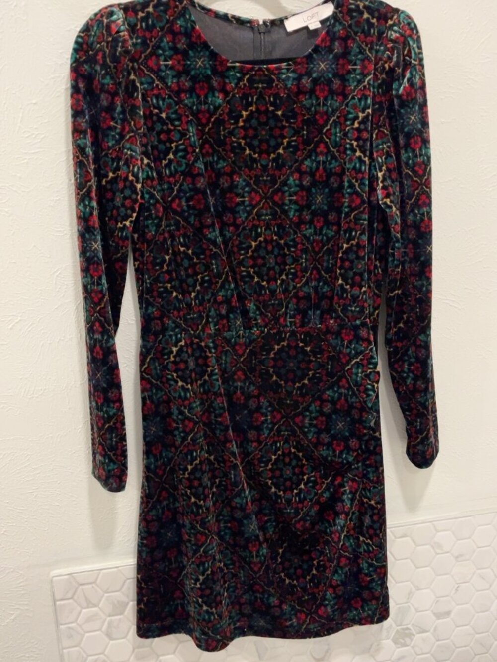 LOFT Velvet Floral Medallion Long Sleeve Dress Size 8